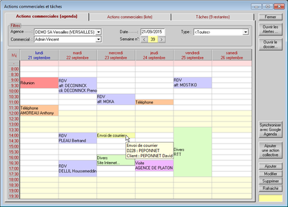 Agenda des actions commerciales et tches  faire dans CIFACIL